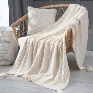 Manta decorativa y funcional con borlas (pompones) [Blanco Invierno]